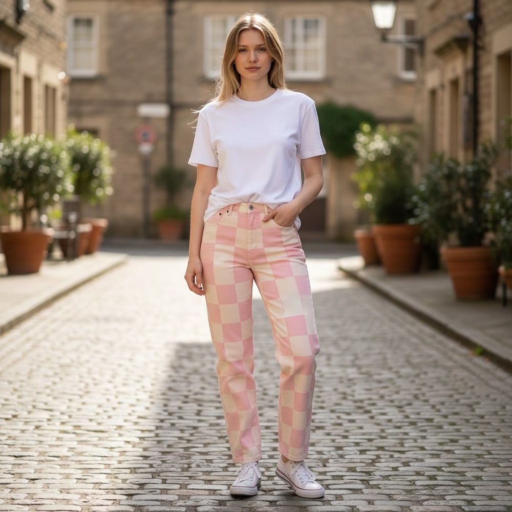 Santo Studio Pink White Checkered Denim Jeans Straight Leg Size 32 NWT
